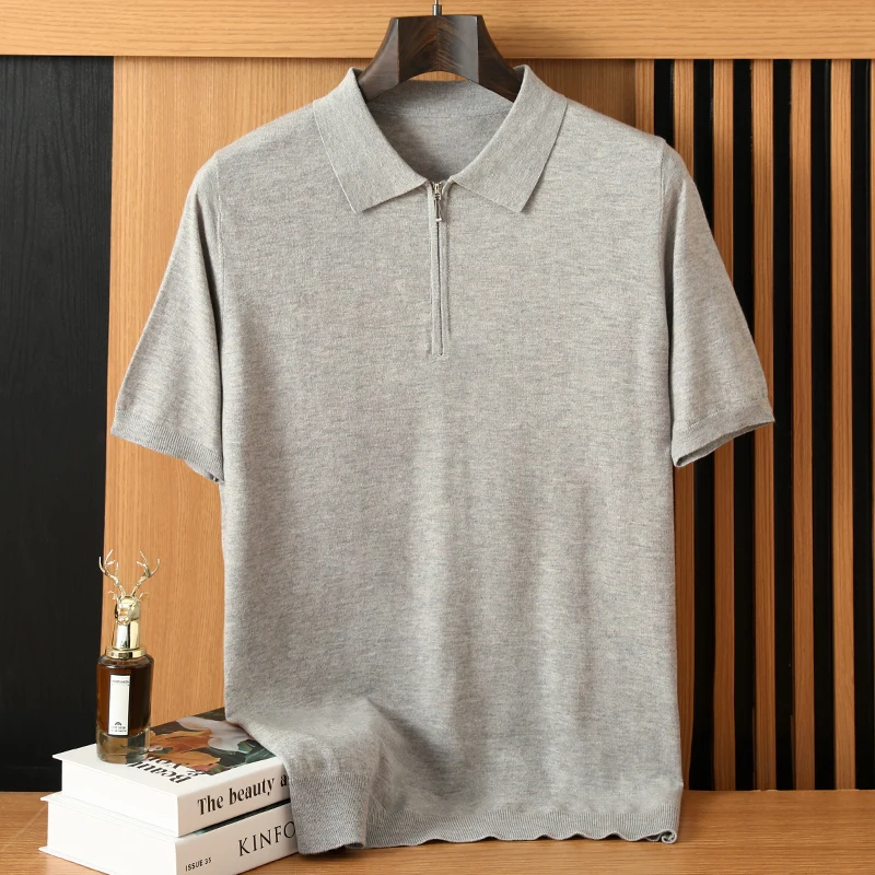 Men's Summer Pullover Short Sleeved T-Shirt Solid Color Half Zipper POLO Sweater Spun Wool Soft Breathable Loose Thin Casual Top