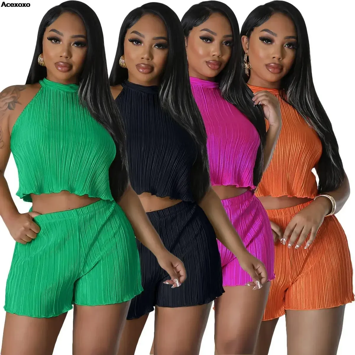 

Summer new women's casual solid color pleated cloth sleeveless vest shorts home casual two-piece set