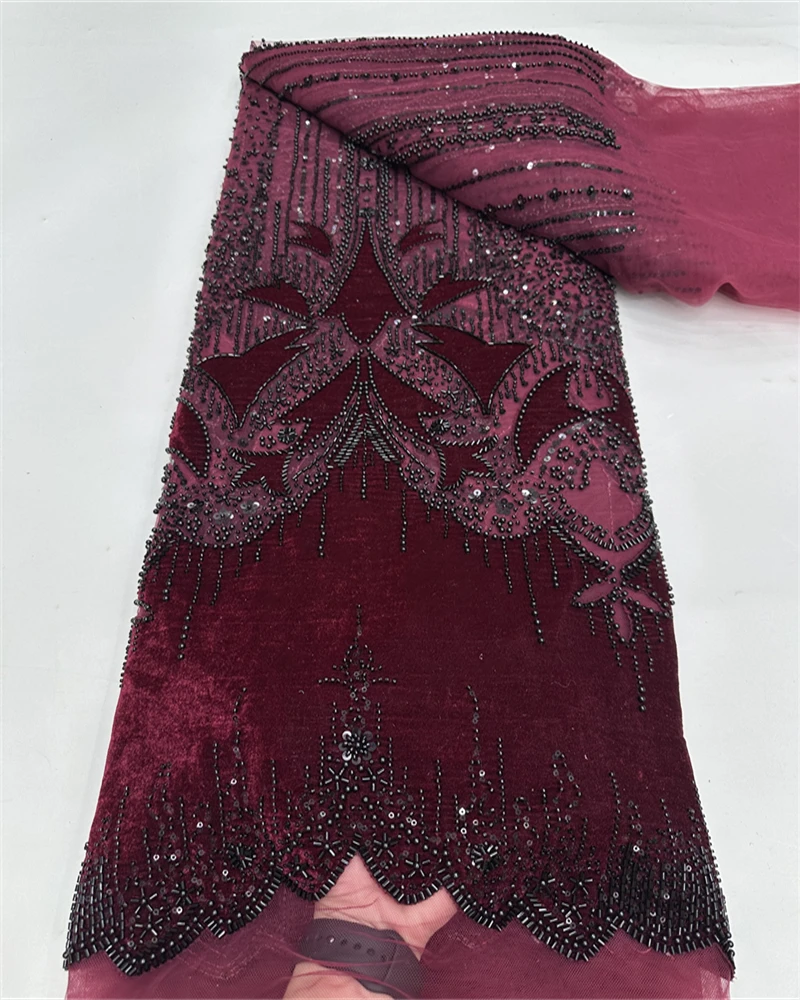 아프리칸 레드 벨벳 비즈 레이스 튤 원단 2025 고품질 비즈 프랑스 스팽글 자수 레이스 원단 (바느질용)