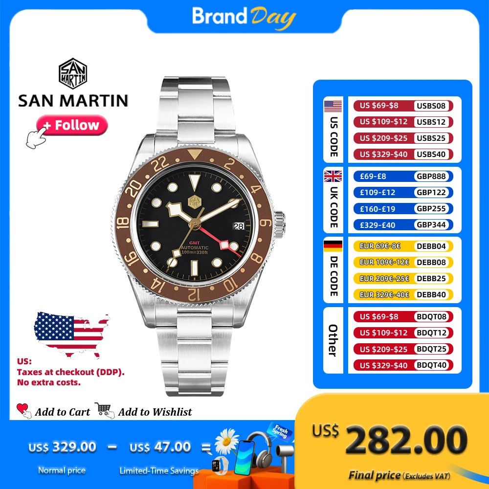 

San Martin 39 мм винтажные мужские часы с безелем в стиле пива NH34 GMT автоматические механические часы с сапфировым стеклом водонепроницаемые SN0109