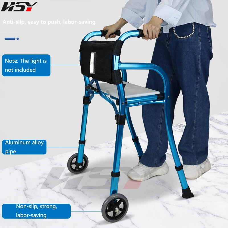 Foldable Walker with Wheels and Seat Aluminum Alloy Disabled Walker Four-Corner Crutch Rehabilitation Elderly Walking Aid