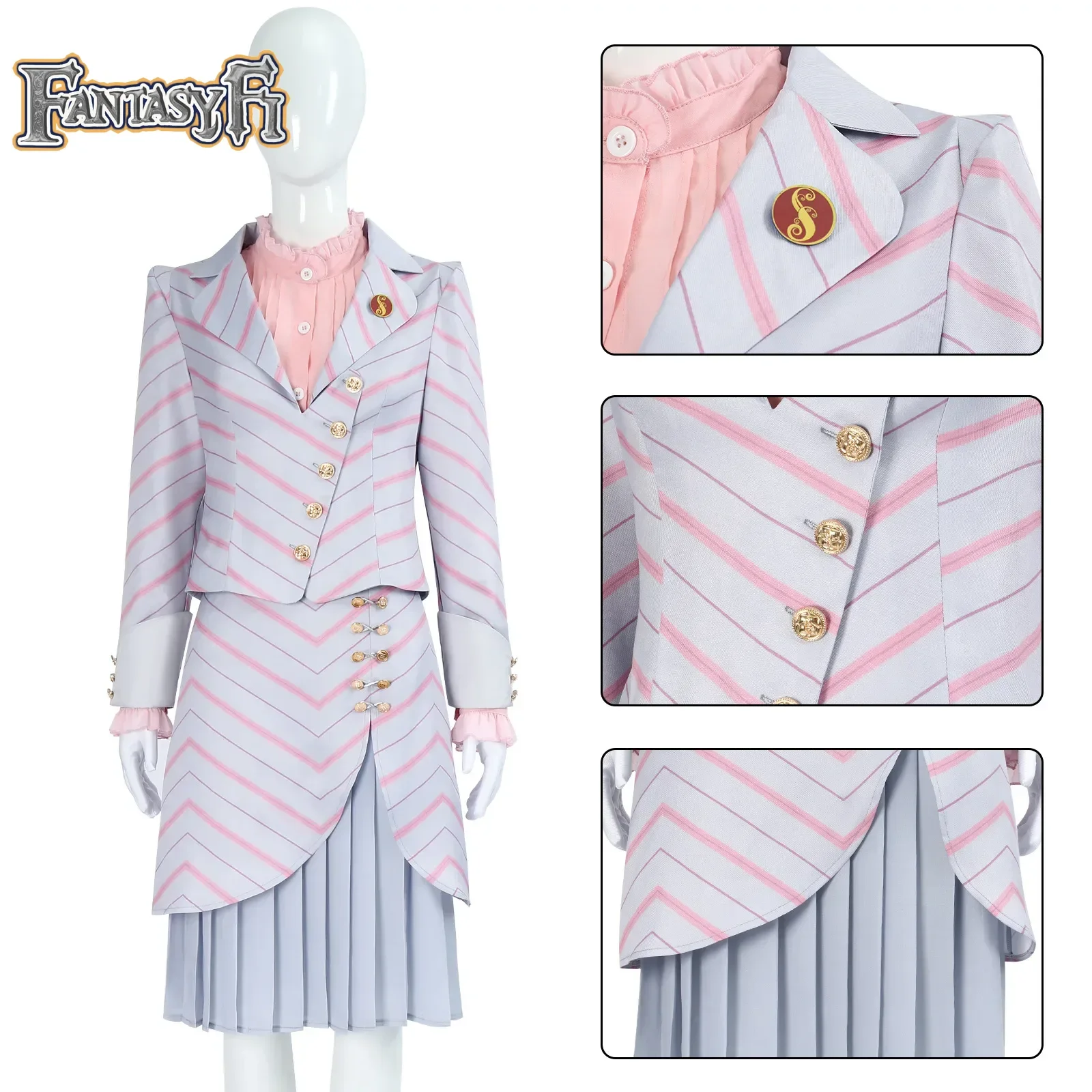 女性のハロウィーンパーティーのコスプレ衣装,赤い縞模様のコート,スカート,ピンクのシャツ,ロールプレイングスーツ