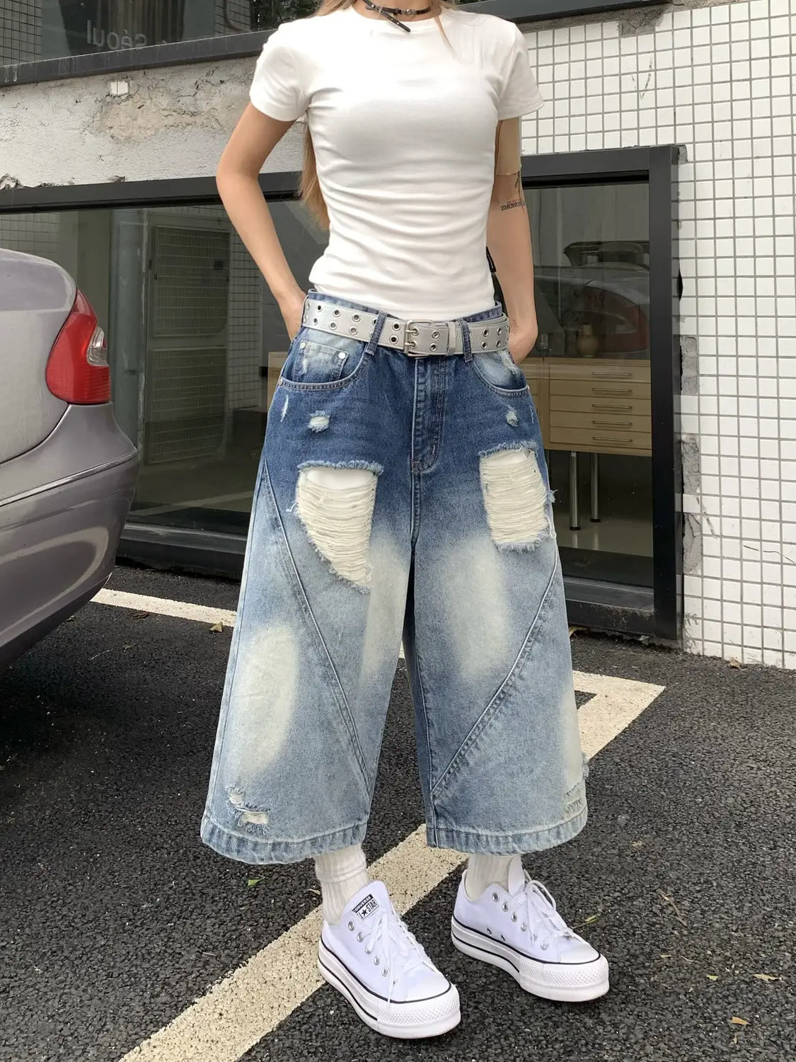 Retro Blue Washed Distressed Denim Jeans Women's Summer Small Size Loose Slim Straight Wide Leg Seven-Foot Trendy Pants