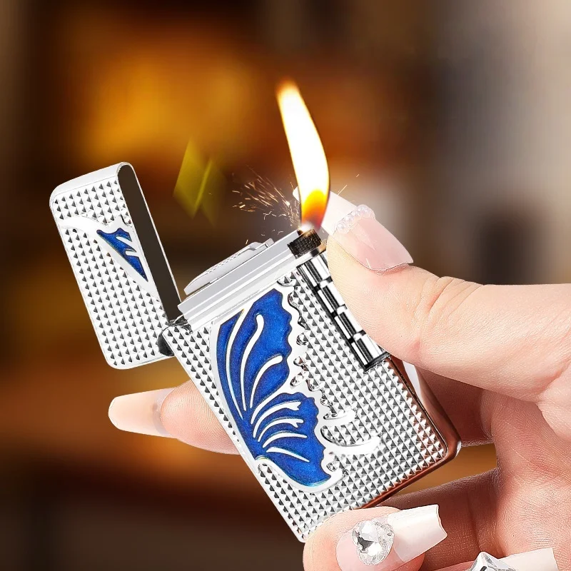 Silver Lighter with Red Butterfly Enamel, Textured Metal Body, Refillable Butane, Elegant & Stylish for Smokers