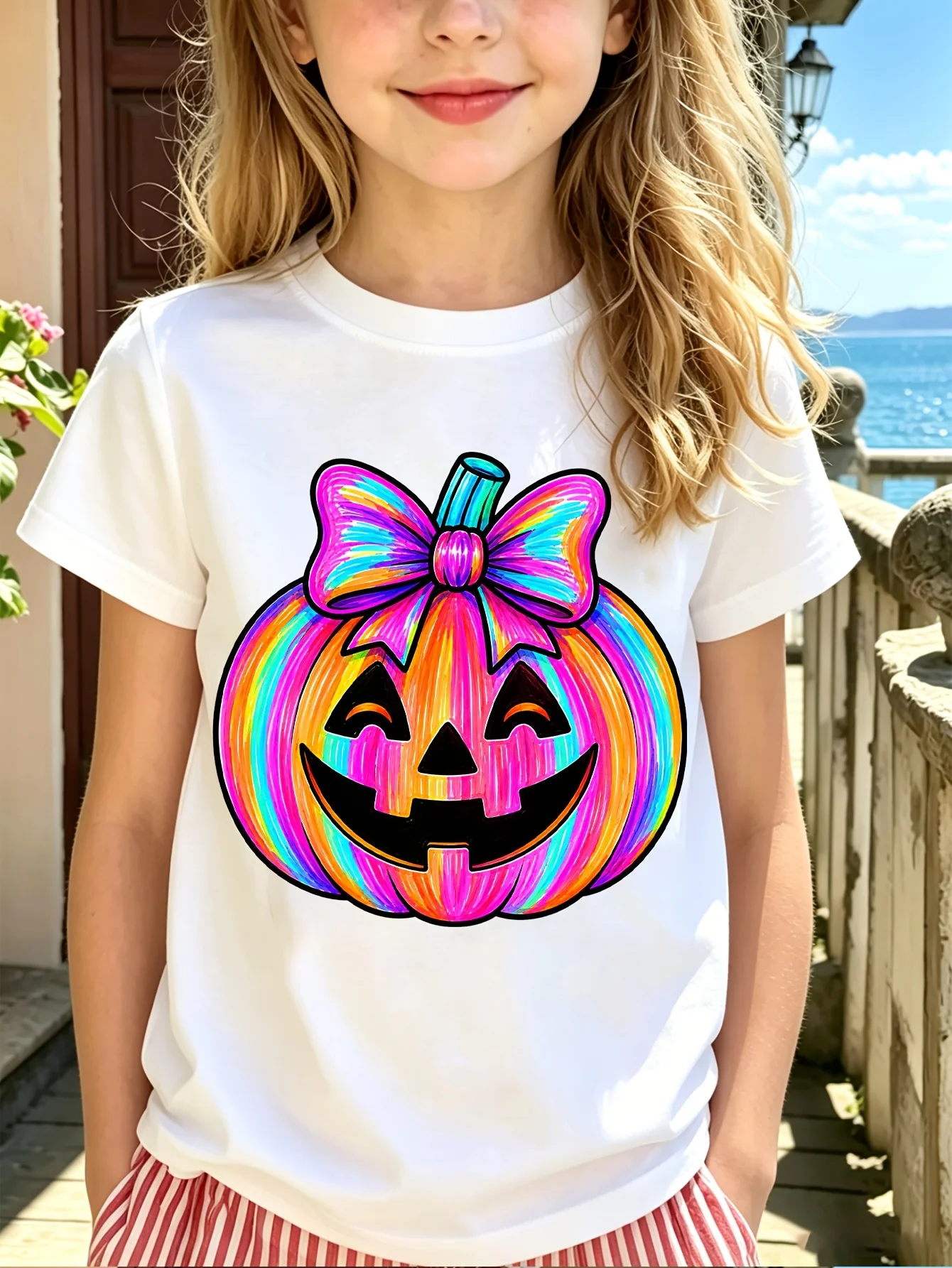 Family Matching T Shirt Cute Rainbow Jack O Lantern Bow Graphic Print Short Sleeve Cotton Tee For Boys Girls Kids Daily Wear