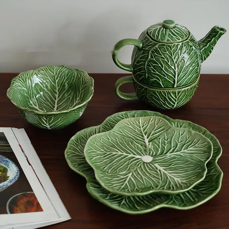 Green Leafy Vegetable Shaped Ceramic Plate, Relief High-temperature Household Tableware, INS Afternoon Teapot, European Style