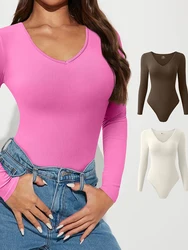 New Fashion Solid Color Long Sleeve Deep V-neck Sexy Skinny Bodysuit Women's Jumpsuit