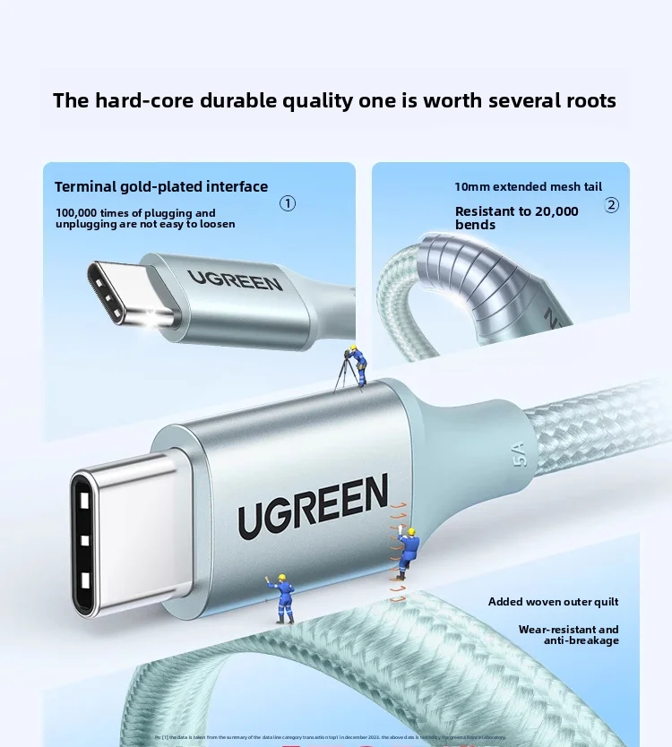 Kabel UGREEN USB C PD 100W 5A Tipe C Pengisian Cepat Kabel Pengisi Daya dengan Casing Aluminium dan Jalinan untuk iPhone 15/16