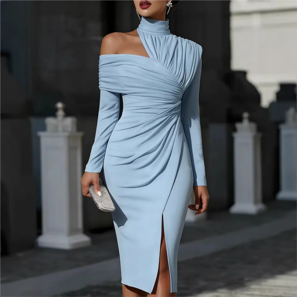 

Elegant Knitted Hollow Dress Slit Dress Spring Summer Women's New Casual Off-shoulder Long-sleeved Mid-length Dress Ropa Mujer
