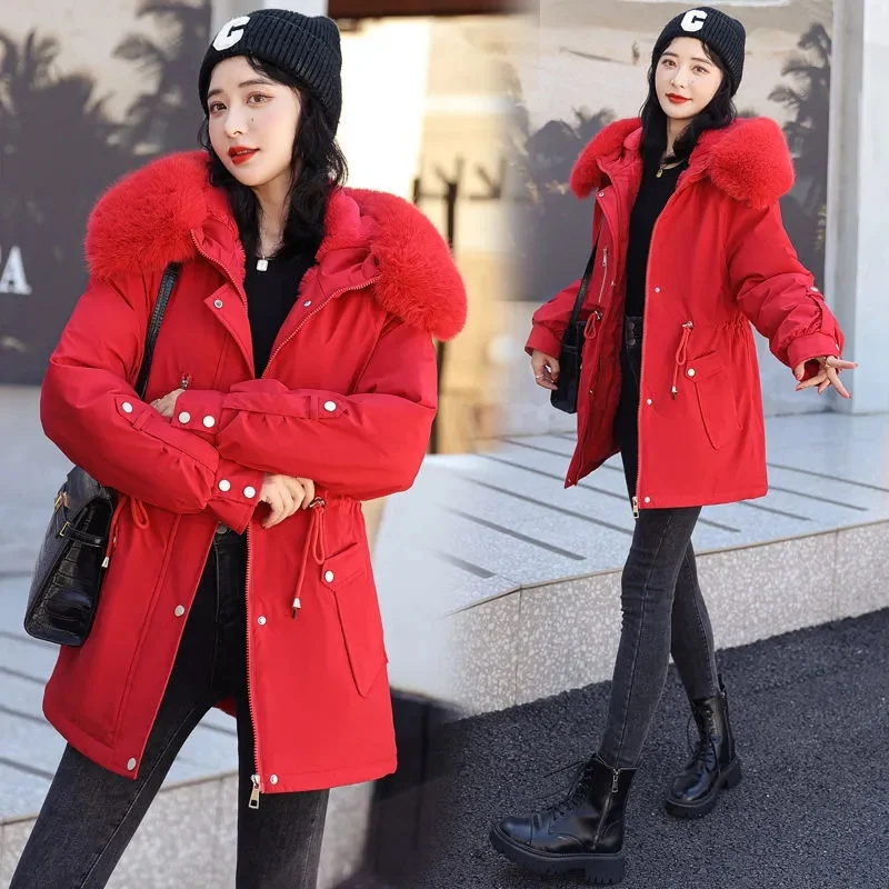 2022 neue Winter jacke Frauen Parka Mode langen Wintermantel Frauen Kleidung Wolle Liner Kapuze Parkas schlank mit Pelz kragen warm