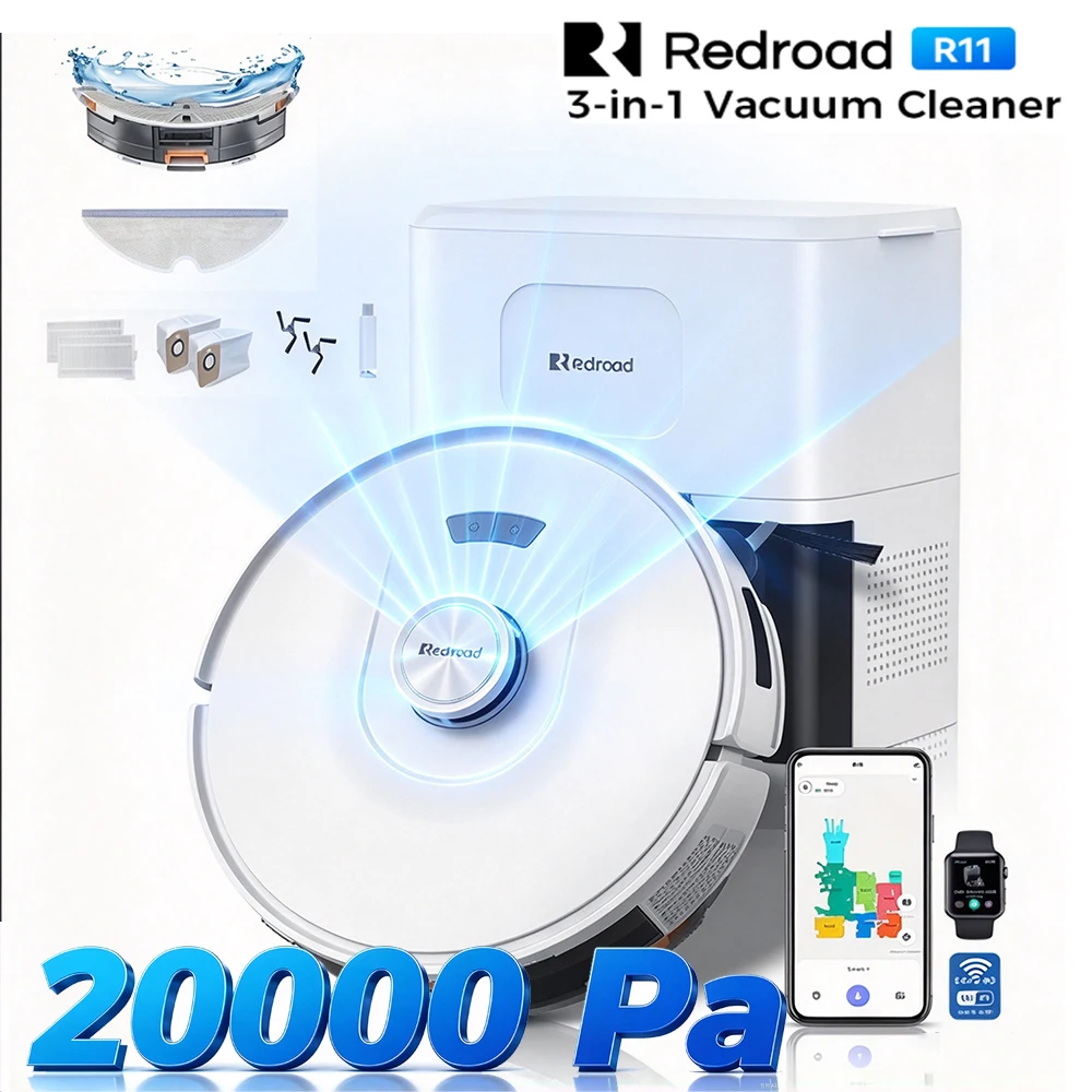 Aspiradora y fregadora robótica Redroad R11, con una potencia de succión de 20.000 Pa, depósito de polvo de 3,8 litros, rodillo mini de 28