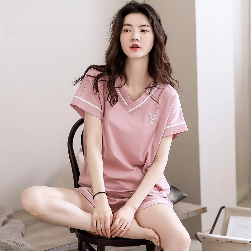 女性の夏の寝間着ルーズフィット半袖薄手の綿パジャマショーツアウトウェアホーム服-v-ネックプリントカジュアルユース