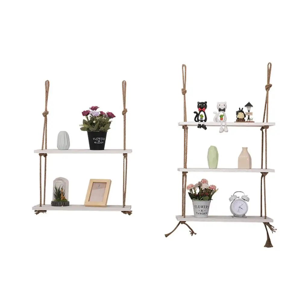 

Rope Shelf Wood Shelves Hanging Display Rack Jute Swing Frame Storage Mount Flowerpot ganizer Photo Holder Natural Smooth
