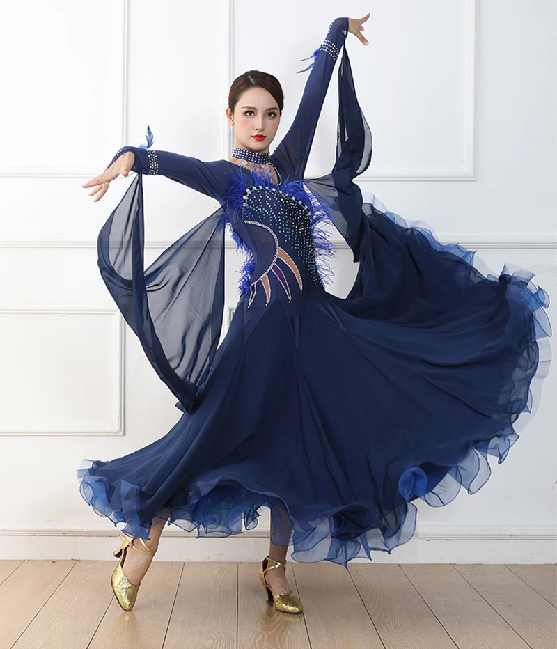 

Blue Ballroom Competition Dance Costume Adult Long Sleeve Standard Ballroom Dancing Dress Women Profession Waltz Dance Dresses