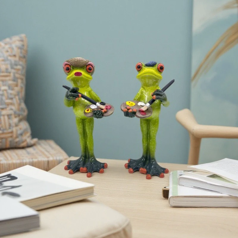 Couple Frog Statue Creative Frog Painter Fashionable Outdoor Vacation Frog Resin Sculpture Home Interior Desktop Decoration