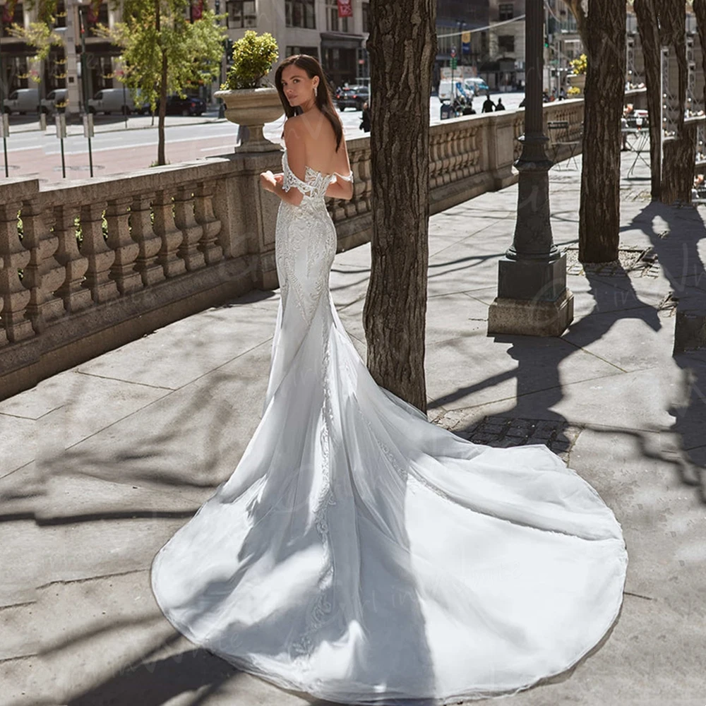 Vestido de novia clásico de sirena con hombros descubiertos, traje de novia romántico con escote Corazón y cola