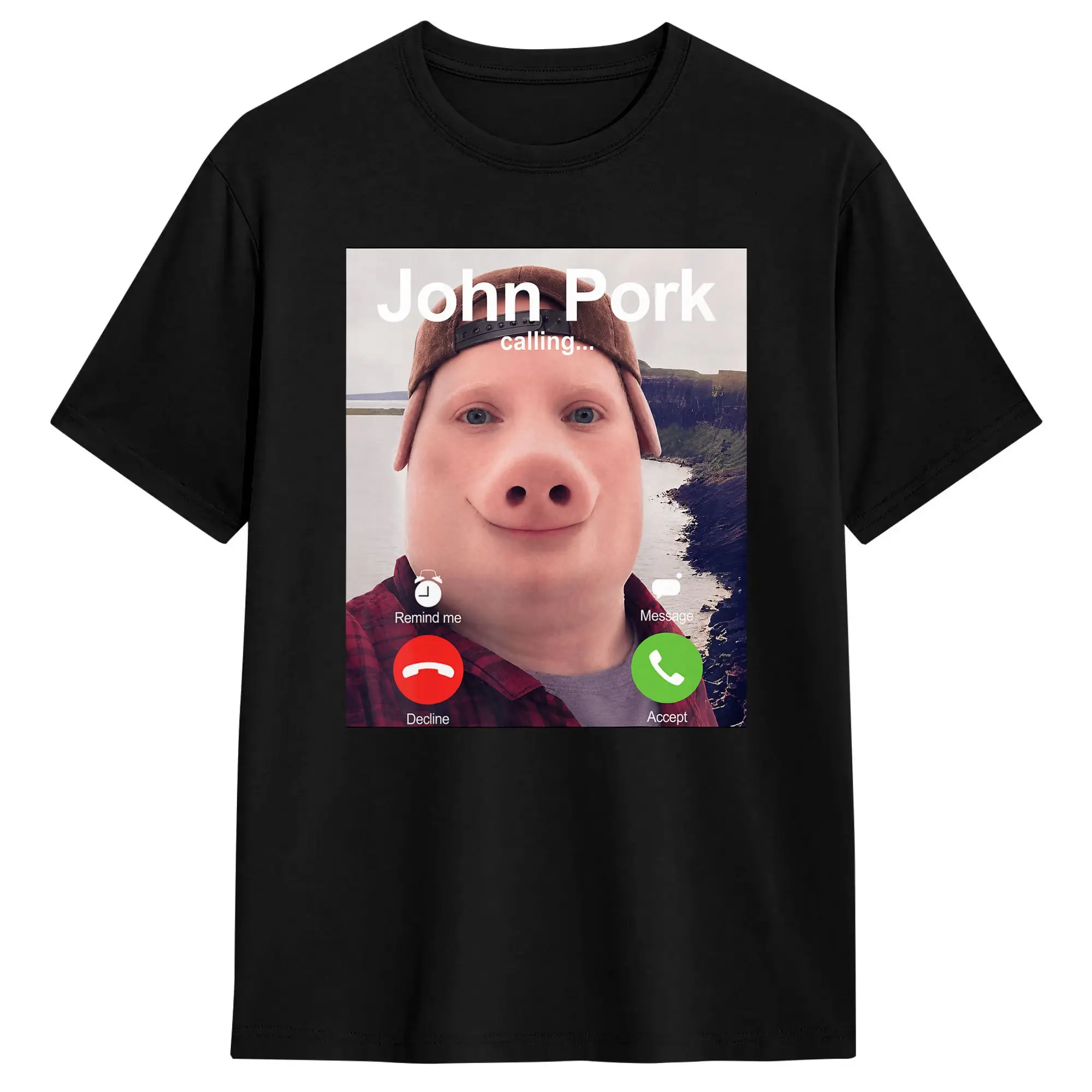 John Pork Calling Decline Accept Incoming Call Meme T-Shirt Summer Cotton T-Shirts Male Trending Tee Shirt Short Sleeve Top Tees