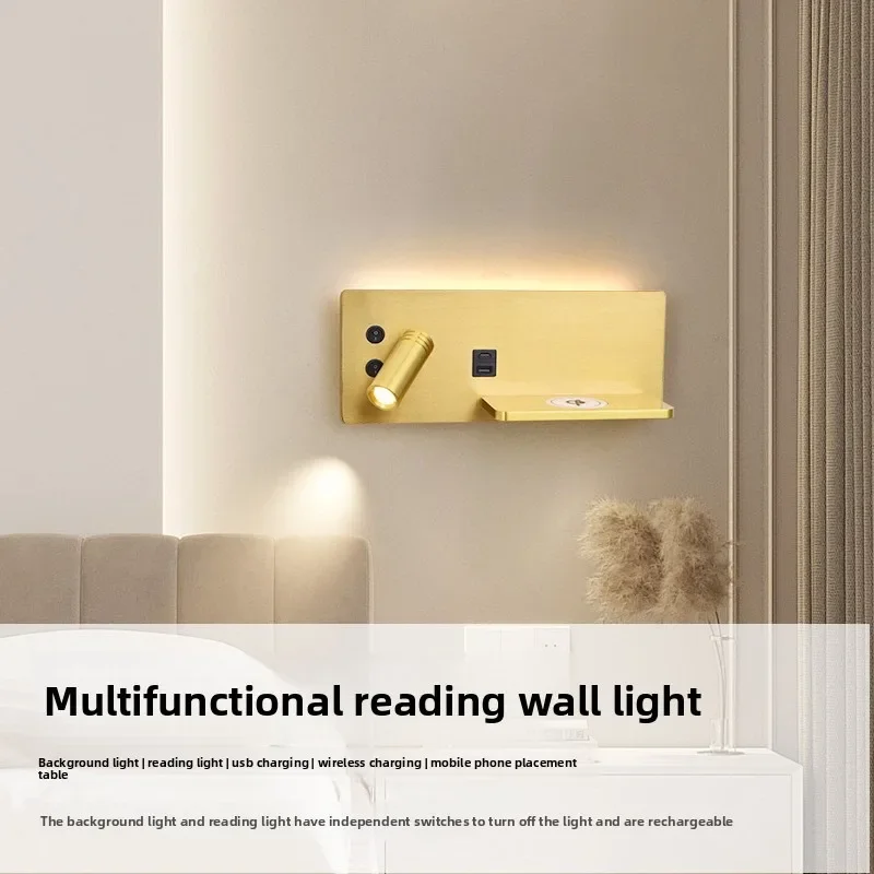 Modern Hotel Wall Sconce 3000K Warm Light, Reading Lamp with USB Type-C & Wireless Charging Panel
