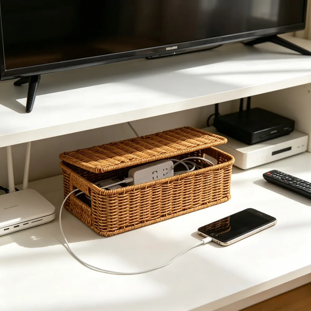 Handwoven Rectangular Imitation Rattan Storage Basket Handle Home Bedside Organizer Box For Kitchen Closet Holiday Gift Package view 6