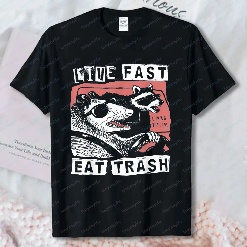 Funny Men's Tees Possum Raccoon Live Fast Eat Trash Street Cats Squad Gift Unisex T-Shirt Retro Trend Cool Cotton Casual Shirts