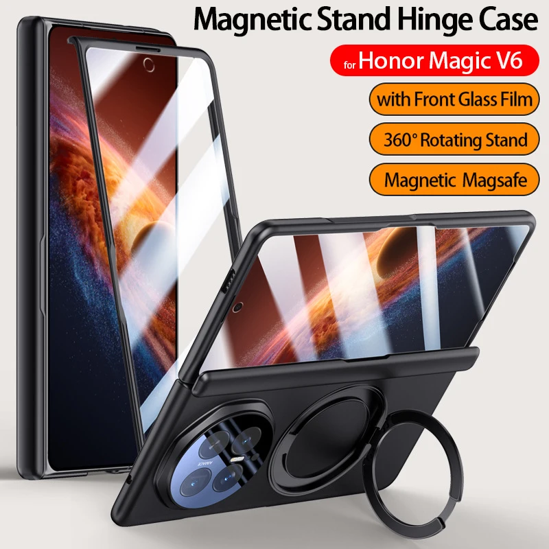 

Magnetic Ring Kickstand Holder Funda for Honor Mgaic V6 5G Hinge Case Plastic Hard Cover Front Frame with Glass Film