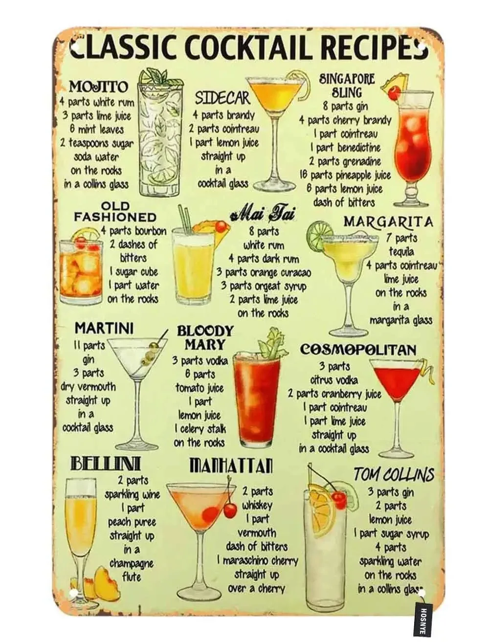 

Classic Cocktail Recipes Tin Sign Kinds of Beer Wine Drink List Poster Vintage Metal Tin Signs for Men Women Wall Art Decor