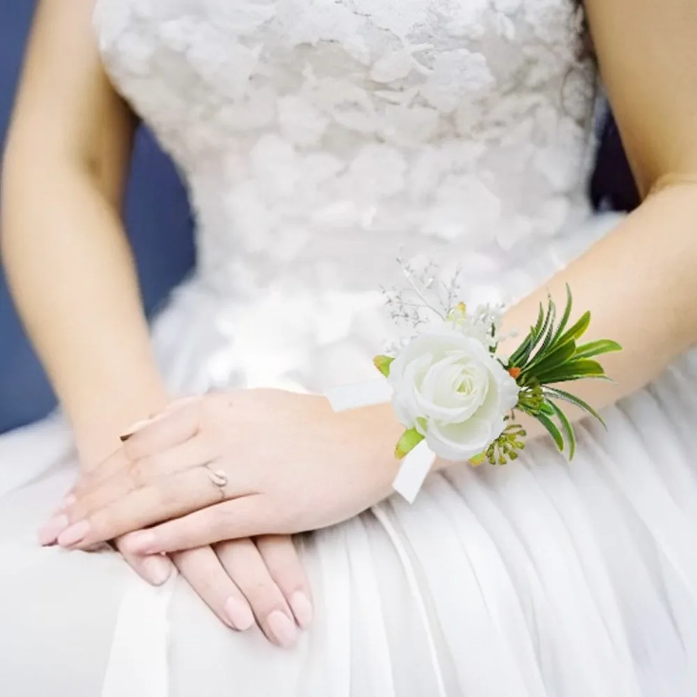 New Artificial White Roses Boutonnieres Flowers Silk Reusable Wedding Corsage Brooches Style Wrist Flower Gifts