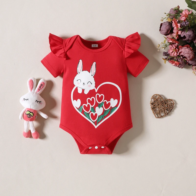 2pcs Summer Girls Fashion Jumpsuit Set with Cartoon Printed Fly Edge Sleeve Top Paired with Bow Pants for Newborn Clothing 0-18M