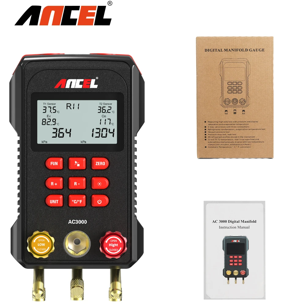 

Ancel AC3000 Air Conditioning Manifold Digital Vacuum Gauge for Refrigeration HVAC Vacuum Pressure Temperature Tester Tool