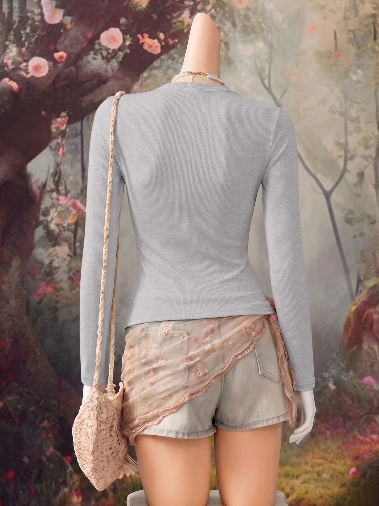Round Neck Rib Knit Long Sleeve Top Women Slim Figure Hugging Solid Color Casual Base Tees