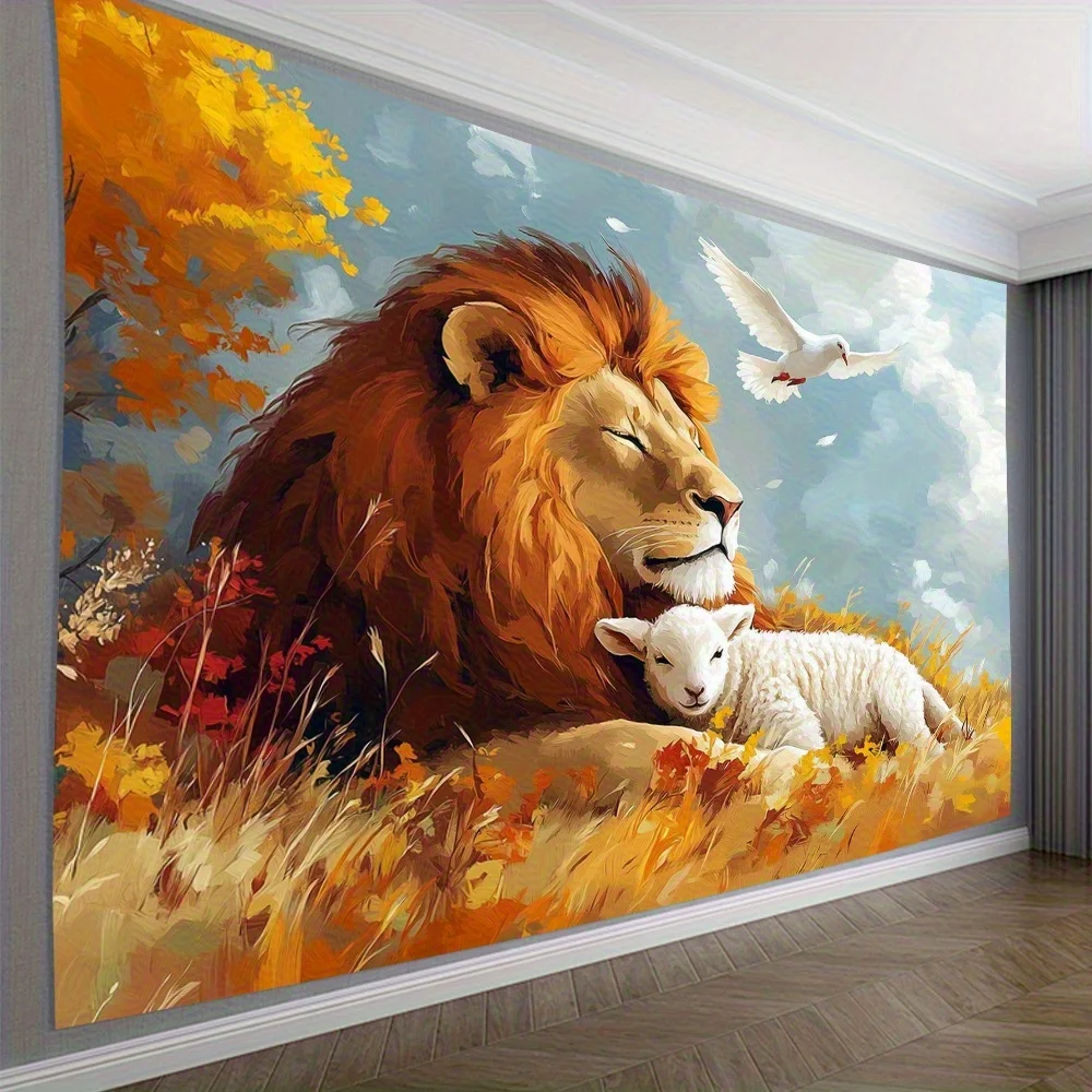 Lion and Lamb Tapestry, Peaceful Animals in Autumn Field with Dove, Harmony Theme Wall Art for Living Room Bedroom Decor