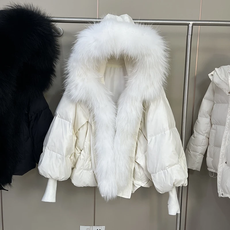 Hiver détachable naturel grand col de fourrure doudoune femme épaissir chaud lanterne manches veste femmes blanc canard vers le bas vêtements d'extérieur
