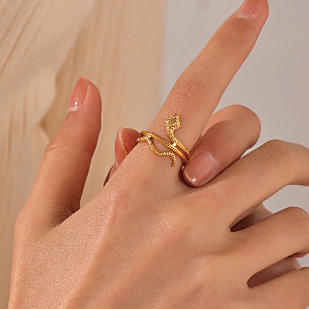 Stainless Steel Snake Rings for Women Men Gold Plated Open Adjustable Zircon Ring Vintage Gothic Aesthetic Jewelry Anillos Mujer