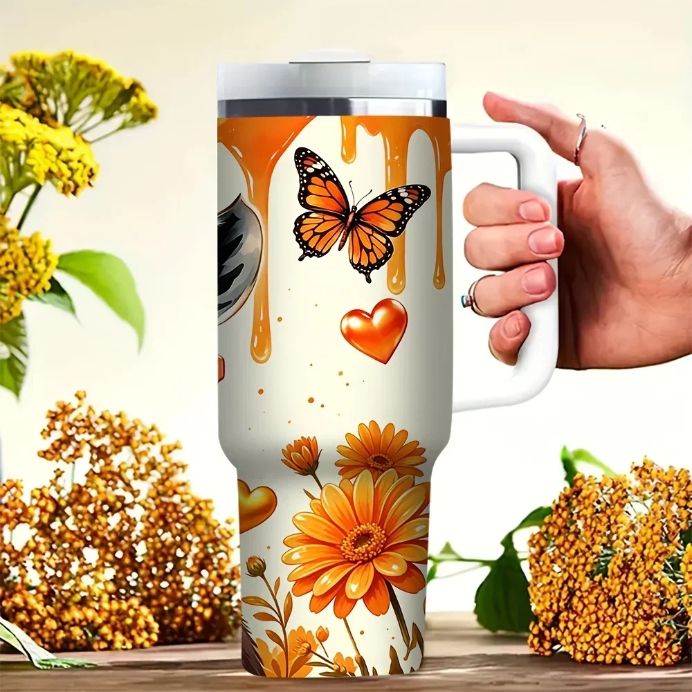 40oz Tumbler with Handle Zebra Butterfly Sunflower Print Tumbler for Cold And Hot Drinks Suitable for Daily Outdoor Travel Camping Use