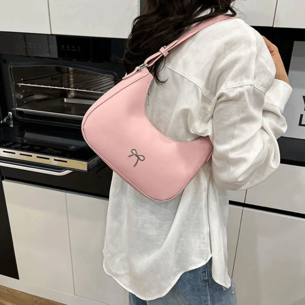 

Fashionable PU Leather Bowknot Armpit Bag Solid Color Sweet Bowknot Underarm Bag Luxury Korean Y2K Handbag Girls