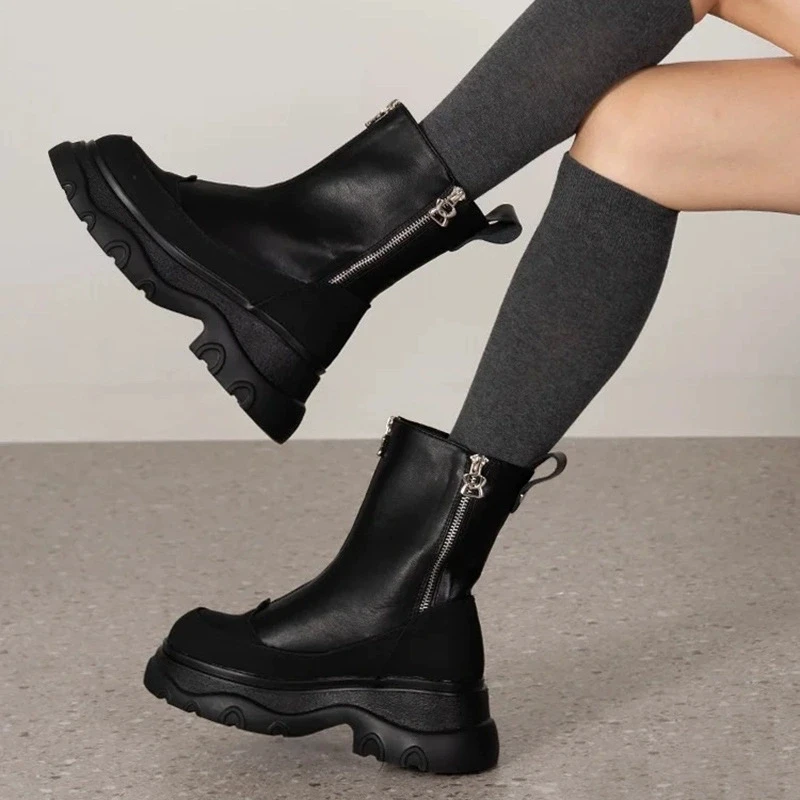 

Size 34-40 Women Ankle Boots Real Leather Zipper Thick Mid Heels Shoes Fall 2025 Winter Platform Short Combat Booties