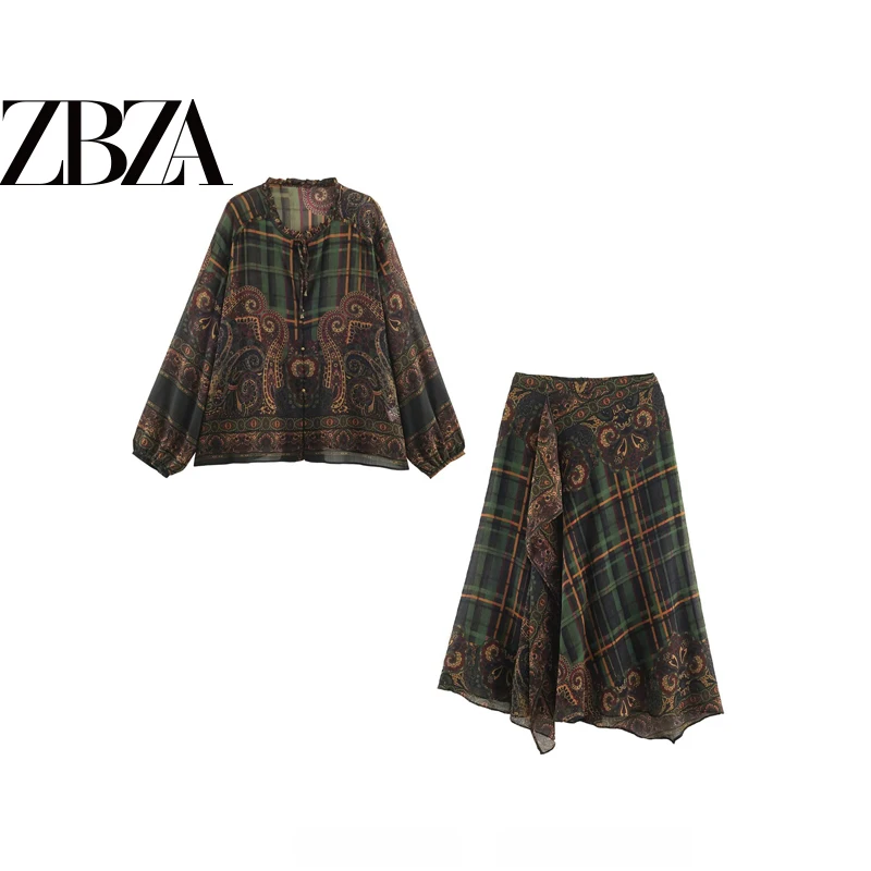  Knot Print Blouse And Half Skirt Two-Piece Set Women's Fashion Autumn Collection No Brand Label Student Uniform