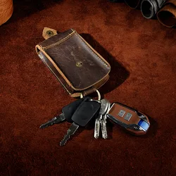 Handmade Genuine Leather Car Key Holder Retro Cow Leather Pouch Retractable Keychain Holder Case Bag