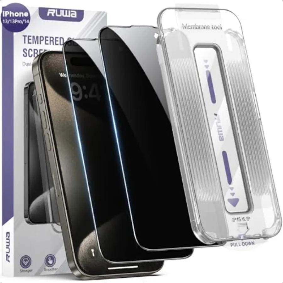 

ruwa iPhone 13 13Pro 14 Screen Protector 2Pack Privacy Tempered Glass Film with Auto DustElimination Alignment Kit 9H Hardn Dro