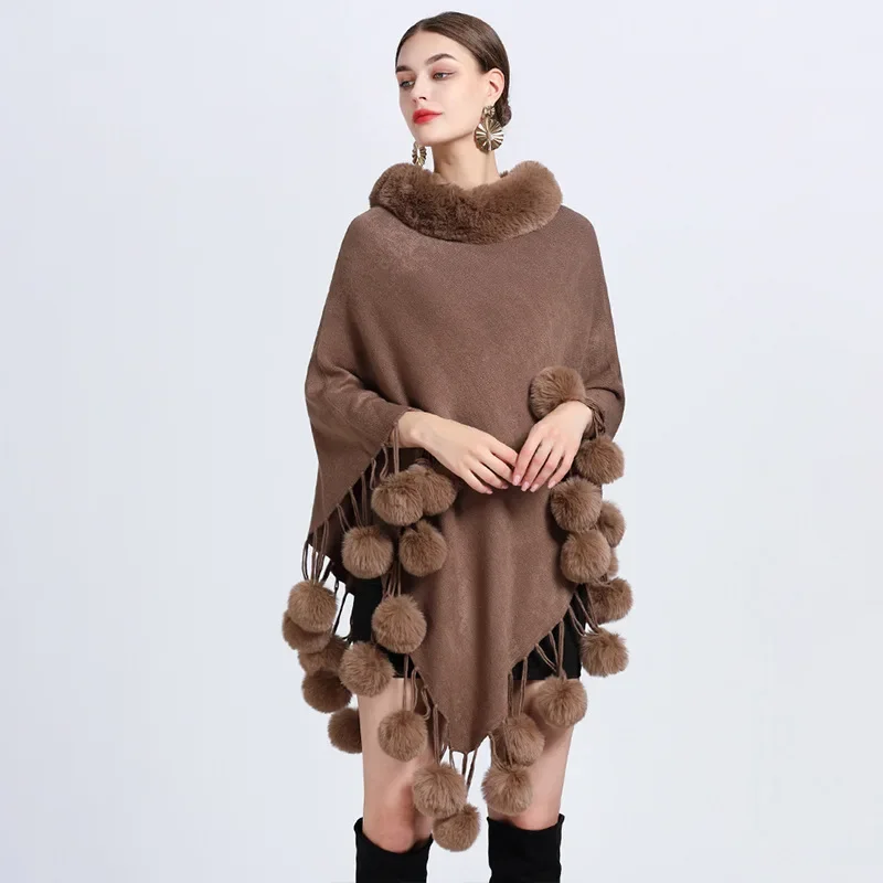 Autumn winter New Imitation Otter Rabbit Fur Collar Shawl Cape Imitation Rabbit Fur Ball Pullover Knitted Ponchos Capes Cloak