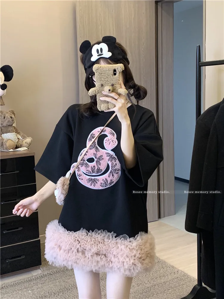 

New Design Chic Pink Mesh Splicing Black T-shirt Dress 2025 Summer Fashion O Neck Short Sleeve Loose Casual Mini Cake Dress