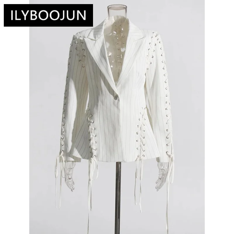 

ILYBOOJUN Striped Crisscross Binding Casual Blazers For Women Notched Collar Long Sleeve Chic Elegant Blazer Female Fashion