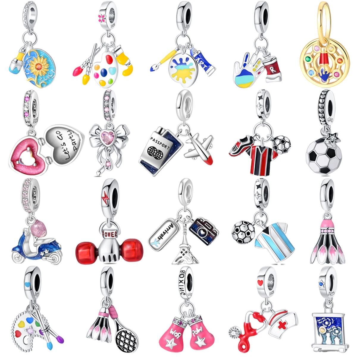 Original 925 Sterling Silver Football Pigment Badminton Gloves Jersey Charm Beads for Pandora DlY Bracelet Women's Jewelry Gifts