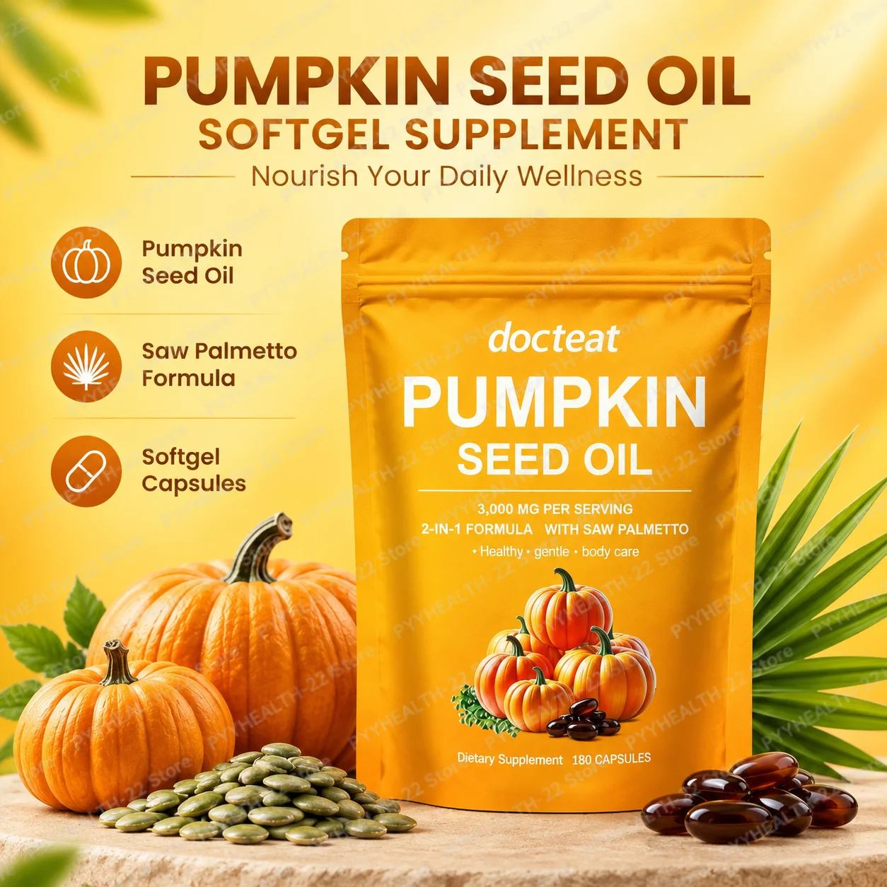 Supports Men's Bladder Comfort & Urinary Balancefor Men Pumpkin Seed Oil Softgels, 3000mg 2-in-1 with Saw Palmetto, 180 Softgels