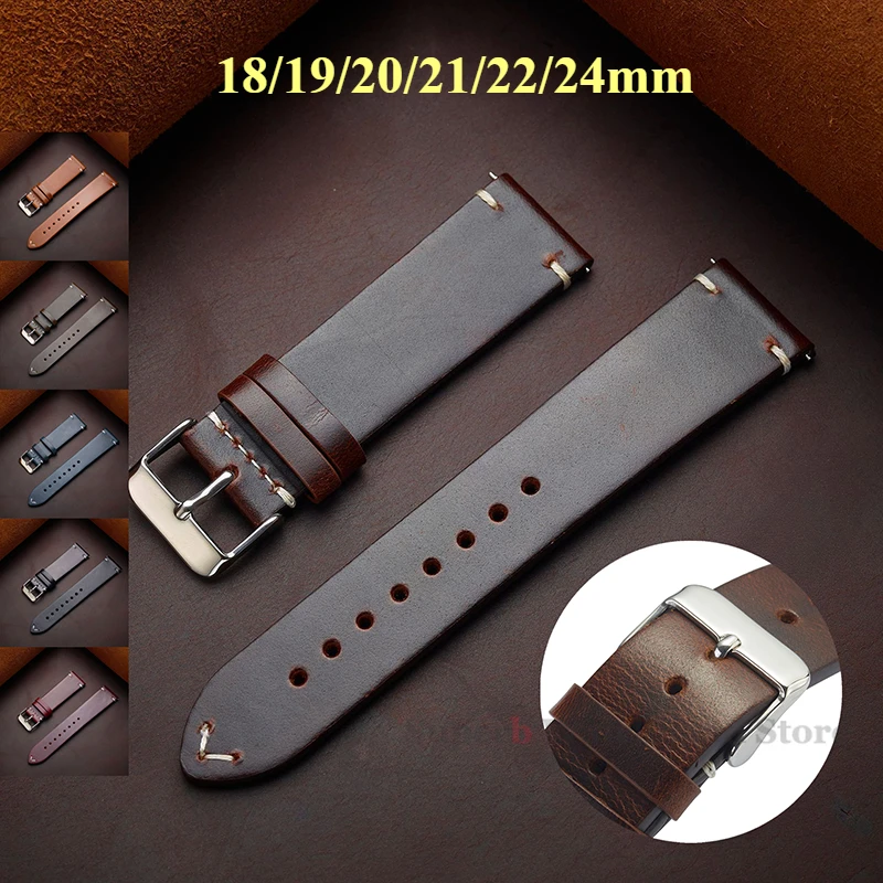 18/19/20/21/22/24mm Vintage Oil Wax Leather Bracelet for Seiko Watchband Stitching Cowhide Strap Quick Release Calfskin