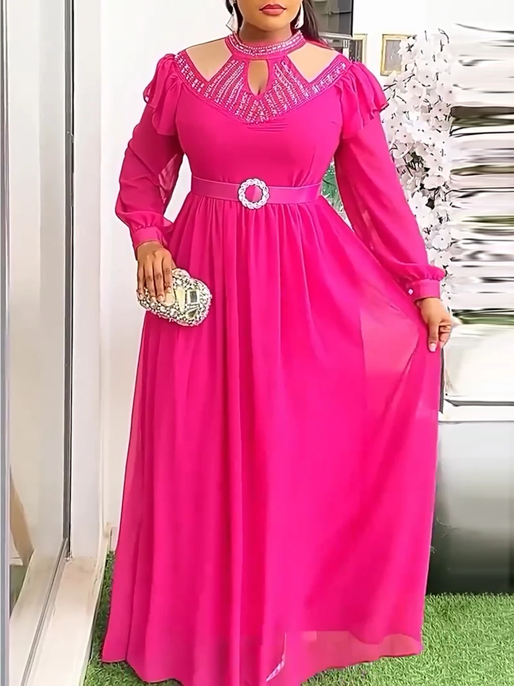 

Long Sleeve Chiffon Dresses For Women 2026 Wedding Party Prom Evening Gown Diamond Maxi Dress African Clothing Dubai Kaftans