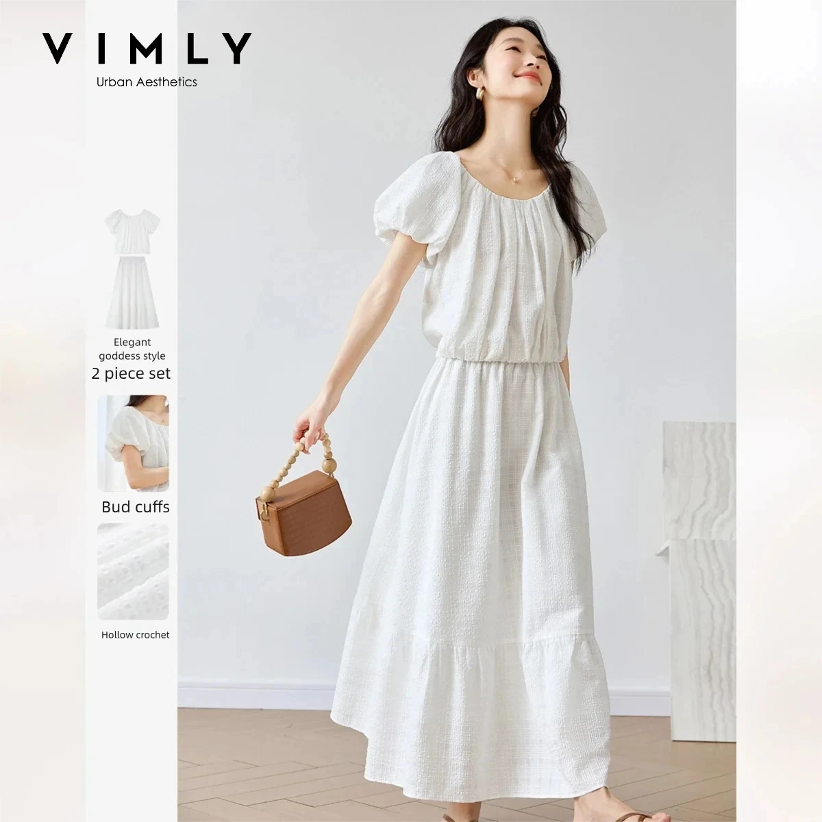 VIMLY Summer Two Piece Set Women Short Sleeve Blouse High Waist Long Skirt Elegant Fashion Matching Outfit Ladies Clothes M9576