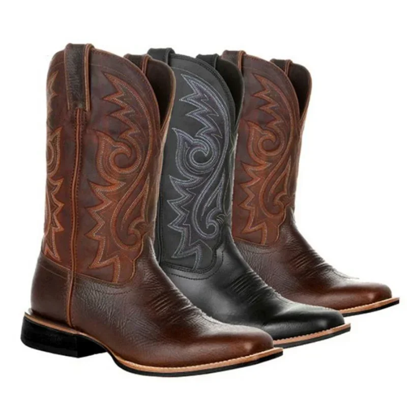 Botas de cowboy ocidentais mid-calf para homens e mulheres, sapatos de couro artesanais, botas punk, unissex, preto, marrom, novo, 2023