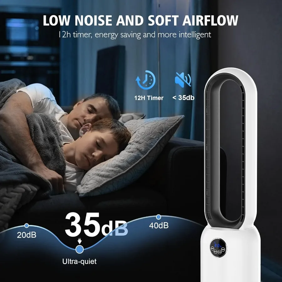 مروحة برجية خالية من الشفرة مع مروحة تبريد دائرية هواء عن بعد للاستخدام الداخلي، 24 إعدادًا للسرعة، 12 مؤقتًا، مروحة متأرجحة هادئة