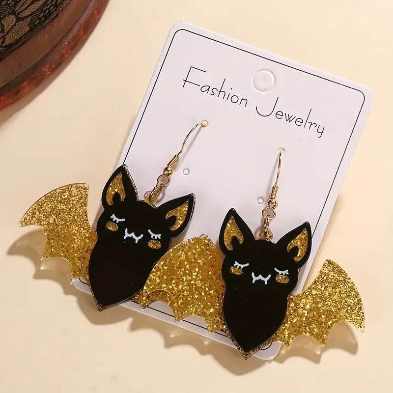 Purple Glittery Spooky Halloween Bat Earrings | Acrylic Spliced Design, Sequin Studs